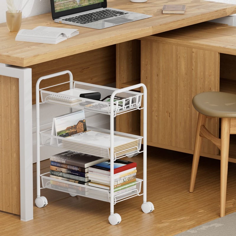 OVICAR Mesh Wire 3 Tier Rolling Cart, Kitchen Storage Utility Cart, Multifunction Basket Stand for Bathroom, Full Metal Storage Art Trolley Carts with Wheels & 4 Side Hooks (White) - Image 2